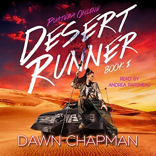 Desert Runner Audiobook Cover (a girl with a staff sitting on an classic car in the desert)