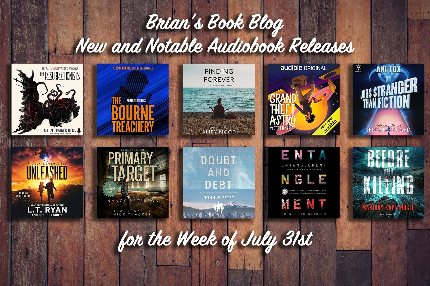 July 31st New and Notable Audiobooks (this photo shows off 10 different audiobook covers)