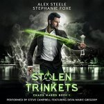 Stolen Trinkets Cover featuring a man in a suit holding a sword that's glowing green with a dark cityscape behind him
